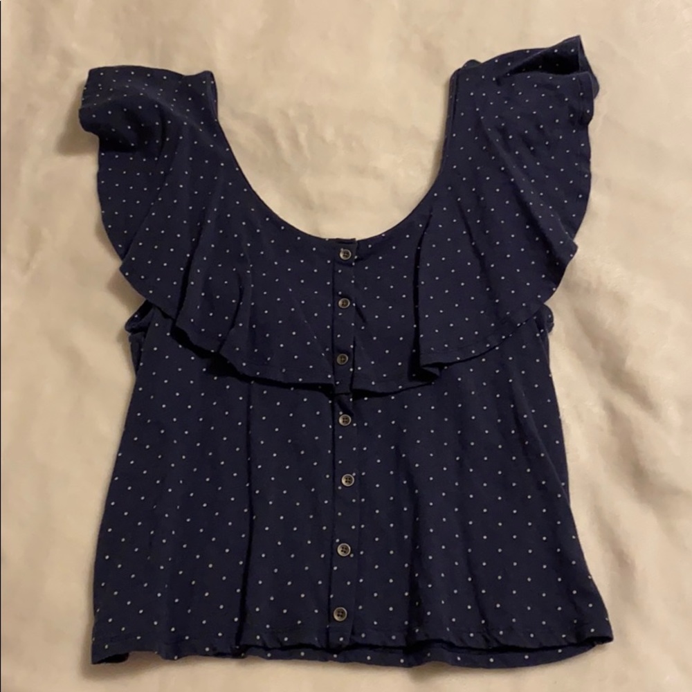 Navy Blue & White Polka Dot Ruffle Crop Shirt